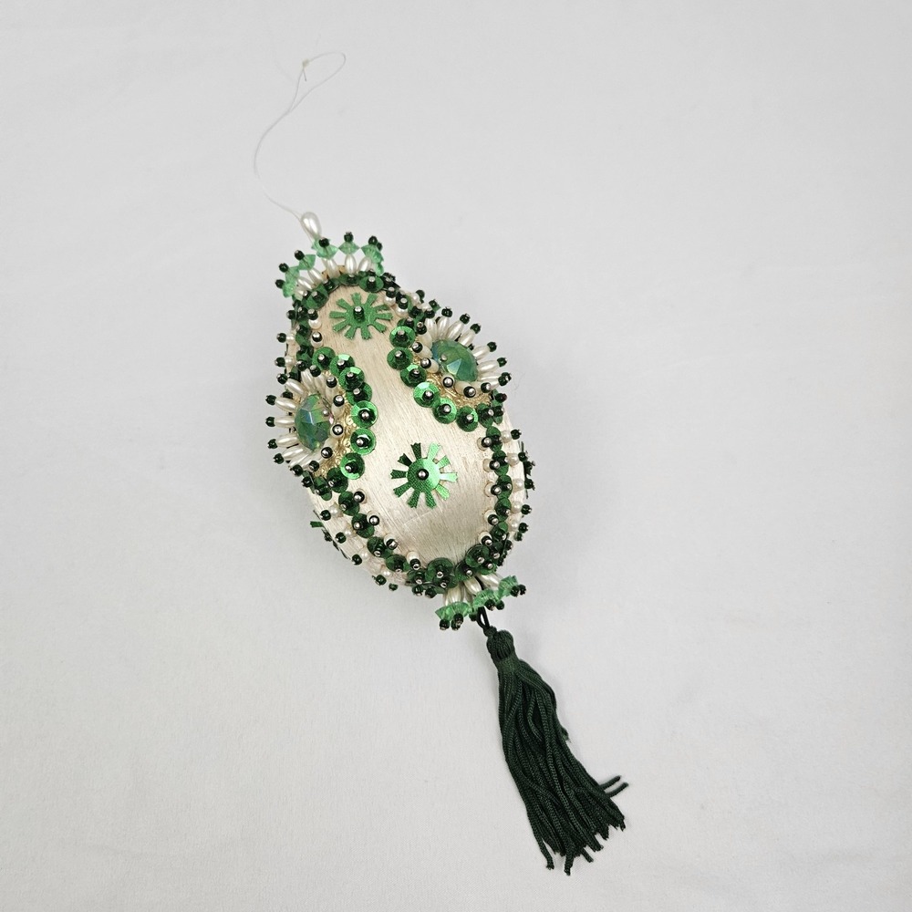 Satin Beaded Push Pin Christmas Tree Ornament Green White Sequins Vintage